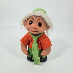 Vintage Dam Large Boy Troll with Felt Clothes & Hat White Hair Denmark 1989 10"